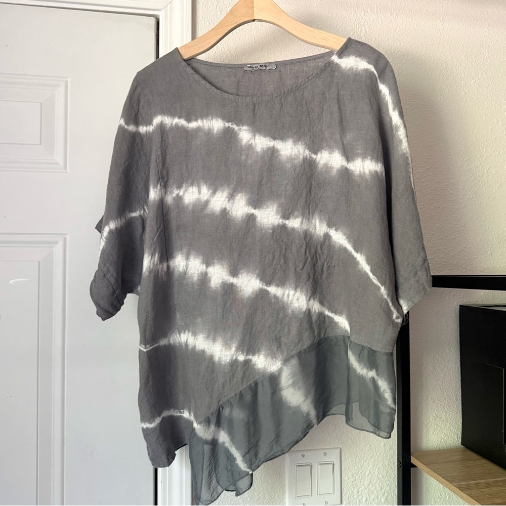MEO MELI grey tie dye linen indigo asymmetrical lagenlook boxy top